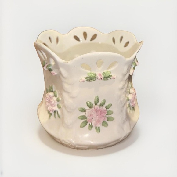 Other - Fine Bone China Applied Pink Rose Reticulated Scalloped Bowl Made in Philippines